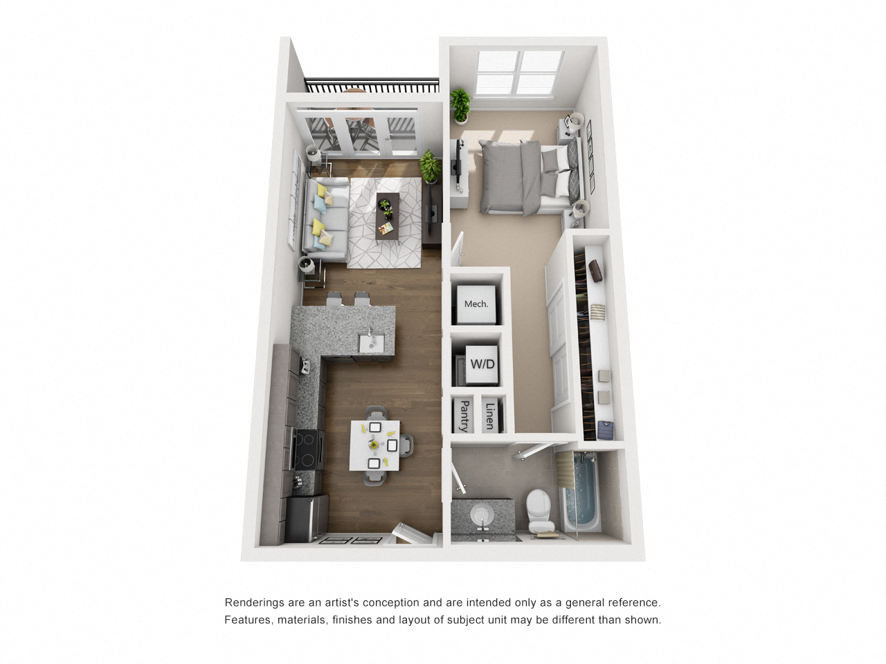 Floor plan for 1 bed, 1 bath, 623 sqft